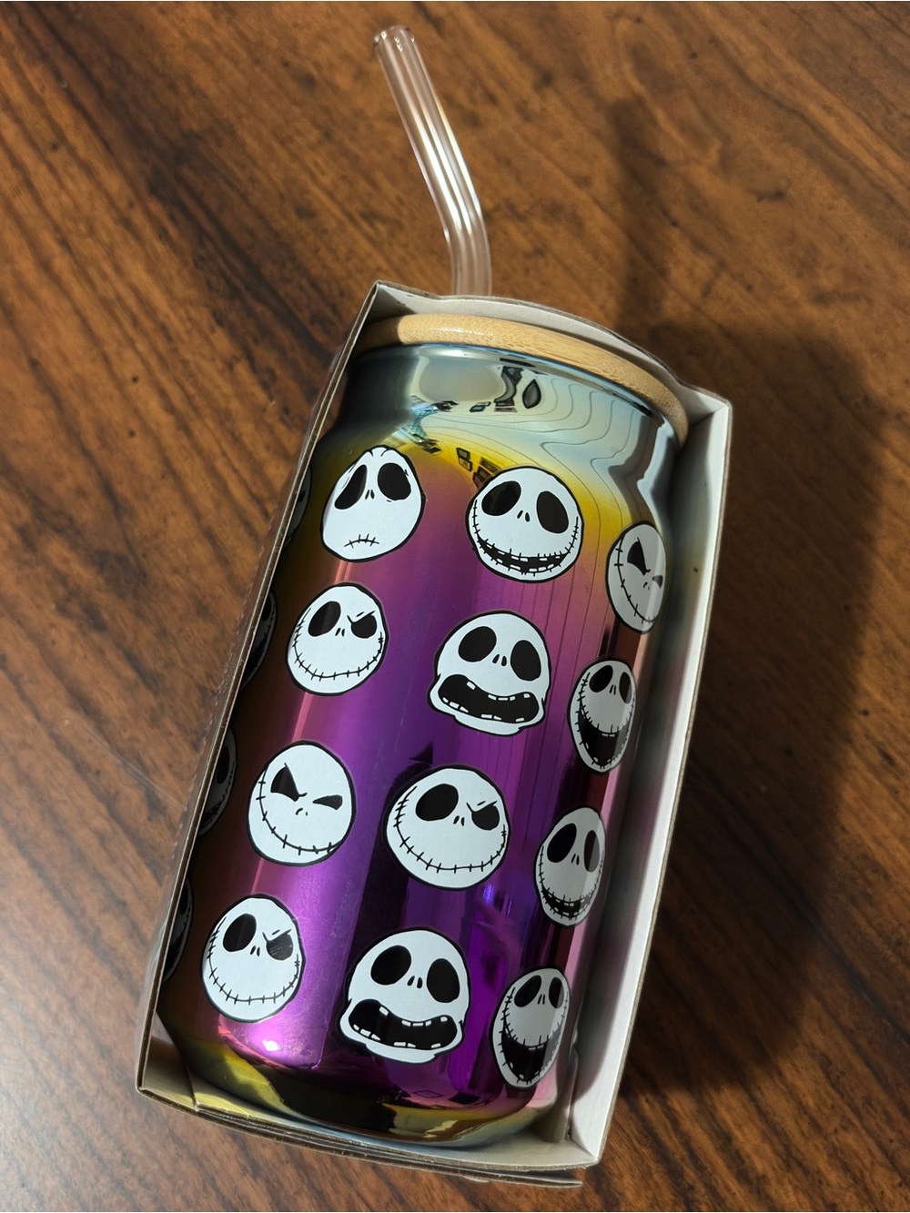Iridescent Nightmare Before Christmas Purple Skull Glass Can Tumbler with Straw